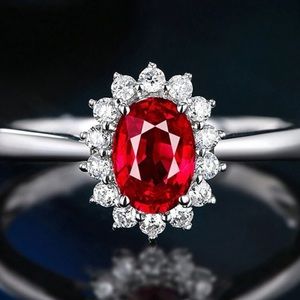 New 925 Sterling Silver Classic Micro Pave Red Oval Shaped Ring Size 7